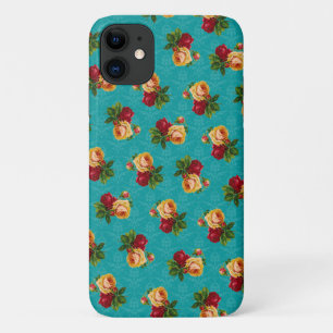 Romantic Red Peach Rose Pattern Teal Damask Case-Mate iPhone Case
