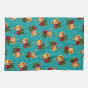 Romantic Red Peach Rose Pattern Teal Damask Tea Towel