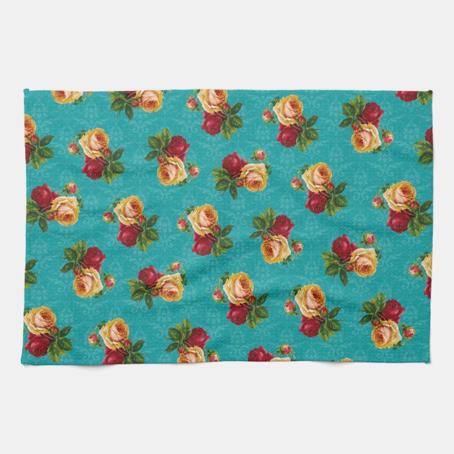Romantic Red Peach Rose Pattern Teal Damask Tea Towel (Horizontal)