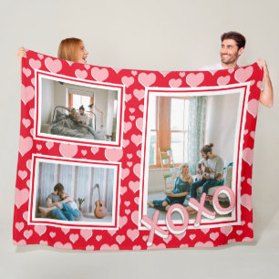 Romantic Red Pink Hearts XOXO 3 Photos Fleece Blanket