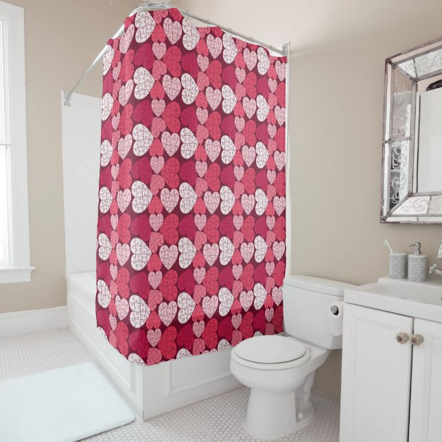 Romantic Red & Pink Jigsaw Puzzle Heart Pattern Shower Curtain (In Situ)