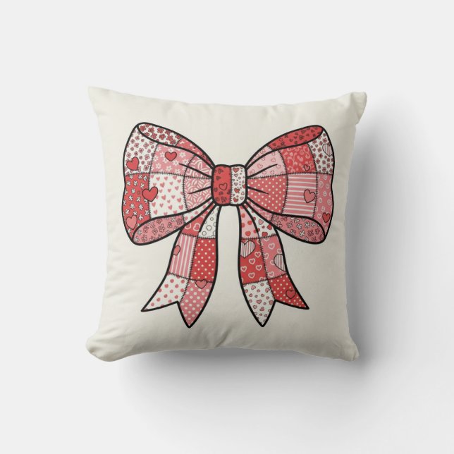 Romantic Red Pink Patchwork Ribbon Bow Drawing  Cushion (Front)