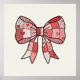 Romantic Red Pink Patchwork Ribbon Bow Drawing  Poster
