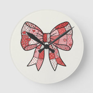 Romantic Red Pink Patchwork Ribbon Bow Drawing Round Clock