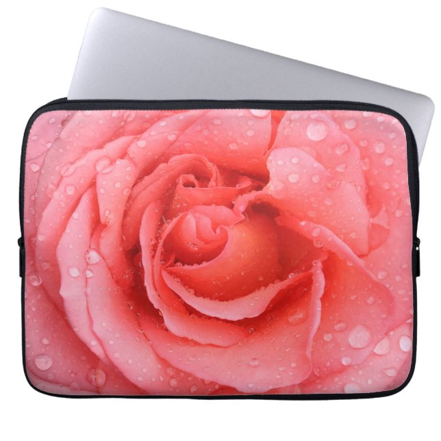 Romantic Red Pink Rose Water Drops Laptop Sleeve (Front)