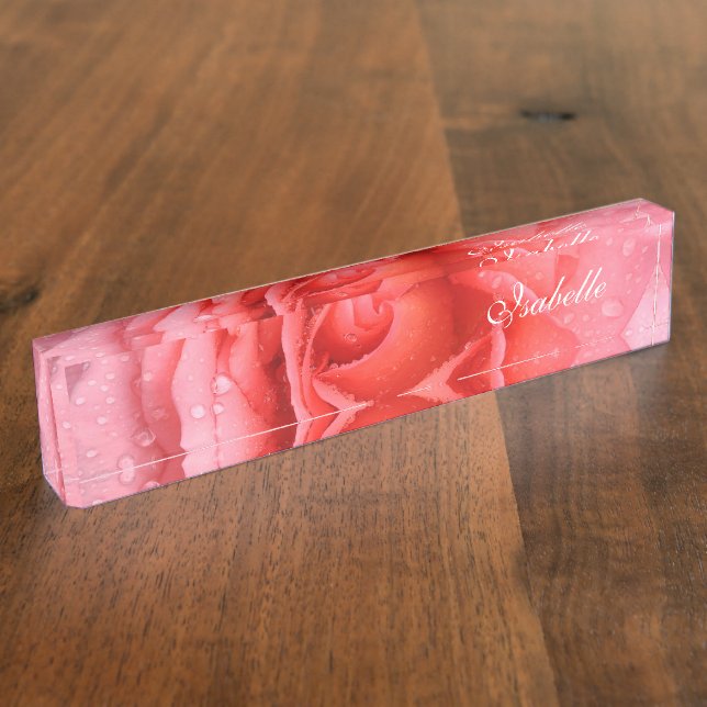 Romantic Red Pink Rose Water Drops Name Plate (Side)