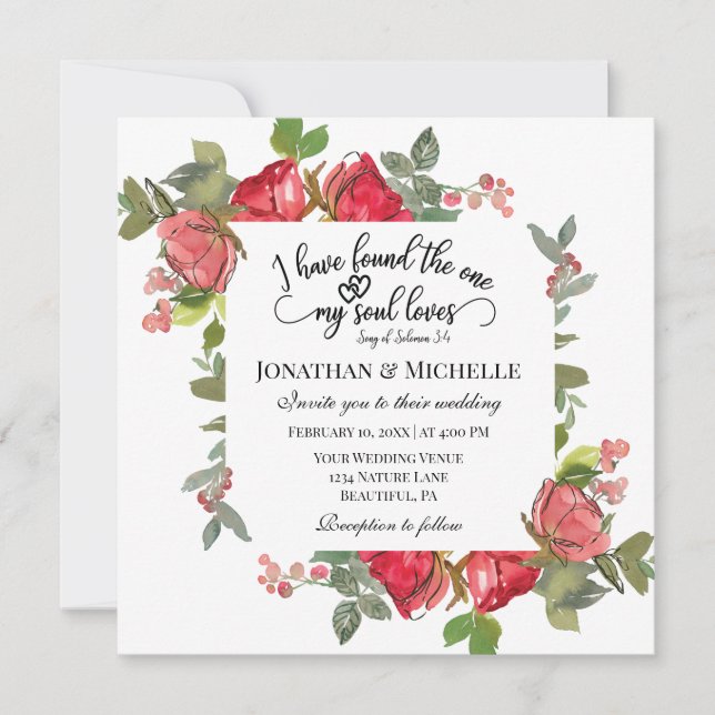 Romantic Red Pink Roses Floral Christian Wedding Invitation (Front)