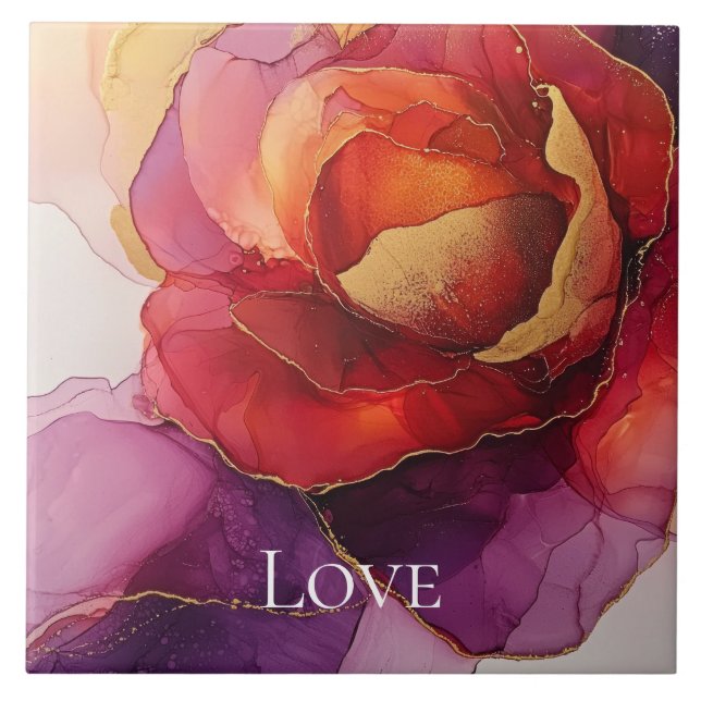Romantic Red Purple Gold Floral Love Tile (Front)