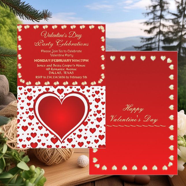 Romantic Red Raining Hearts Valentine's Day Party Invitation (Romantic Red Raining Hearts Valentine's Day Party Invitation)