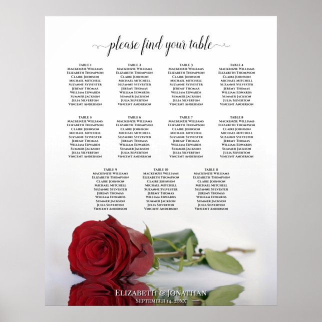 Romantic Red Rose 11 Table Wedding Seating Chart (Front)