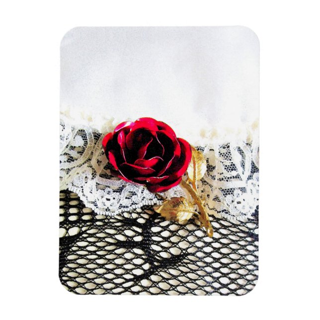 Romantic red rose and white lace magnet (Vertical)