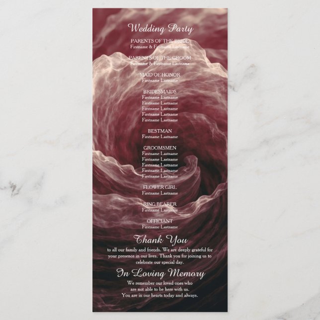 Romantic Red Rose Burgundy Wedding Program Programme (Back)
