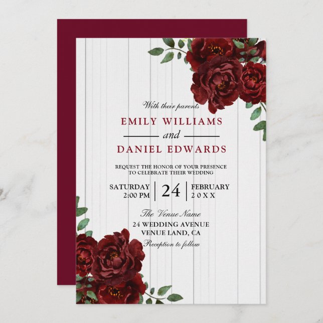 Romantic Red Rose Burgundy Wood Wedding Invite (Front/Back)