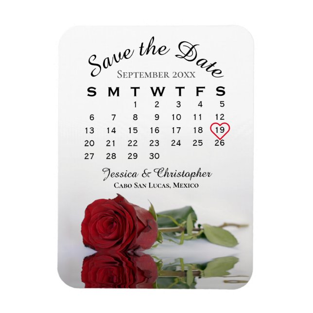 Romantic Red Rose Calendar Wedding Save the Date Magnet (Vertical)