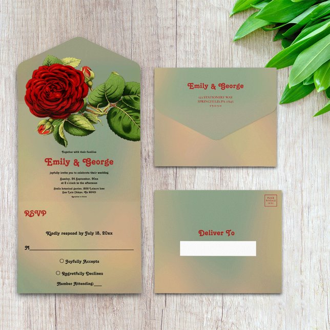 Romantic Red Rose Delicate Summer Floral Wedding All In One Invitation (Creator Uploaded)