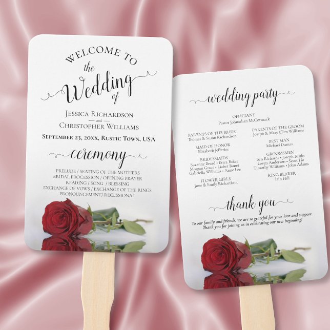 Romantic Red Rose Elegant Wedding Program Hand Fan (Front/Back)