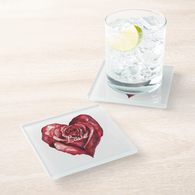 Romantic Red Rose Floral Heart Wedding Glass Coaster (Angled)