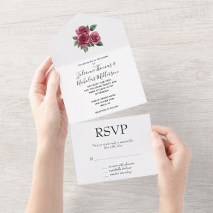 Romantic Red Rose Floral Wedding All In One Invitation