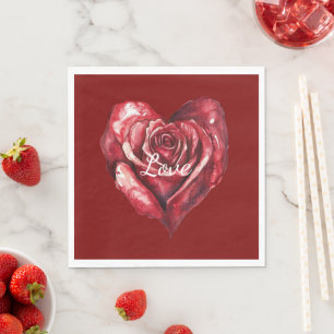 Romantic Red Rose Flower Heart Wedding Napkin