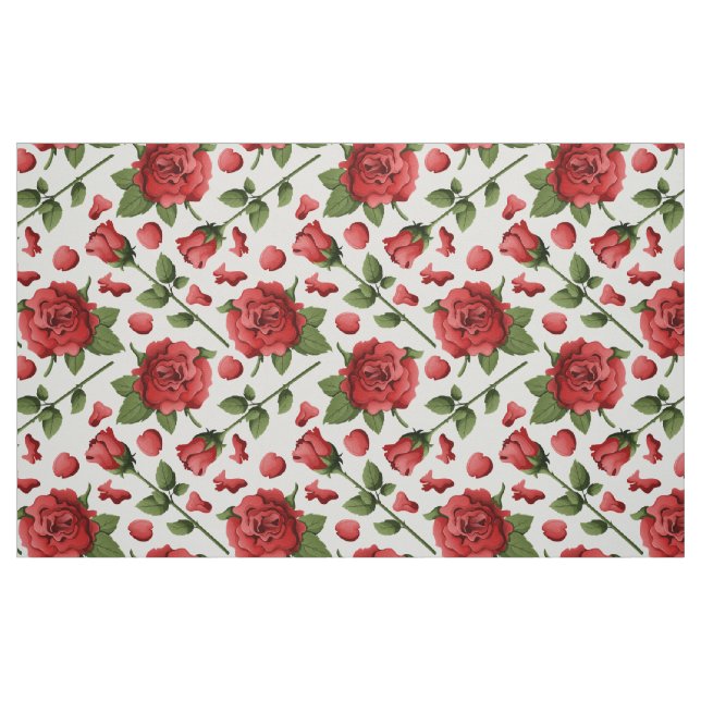 Romantic Red Rose Foliage Botanical Garden Bloom Fabric (Fat Quarter)