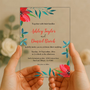 Romantic Red Rose Foliage Summer Floral Wedding Acrylic Invitations