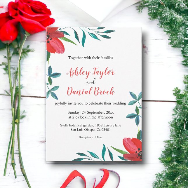 Romantic Red Rose Foliage Summer Floral Wedding Invitation (Creator Uploaded)