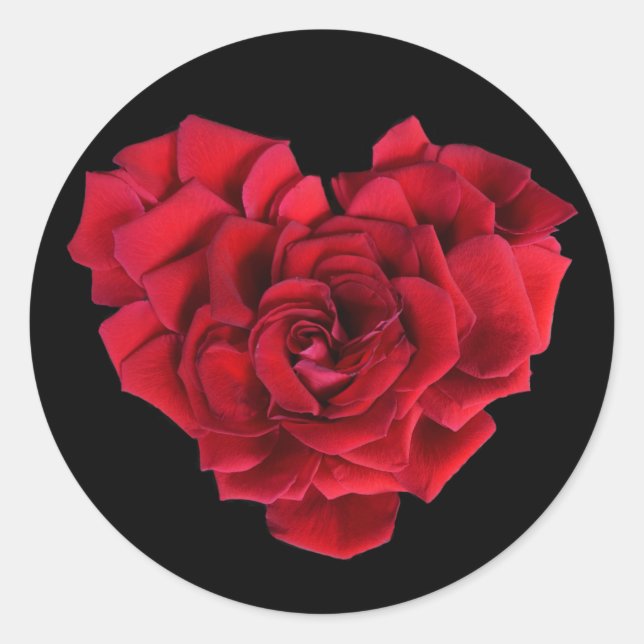 Romantic Red Rose Heart on Black Classic Round Sticker (Front)