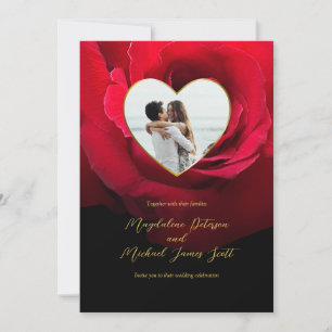 Romantic Red Rose Heart Photo Frame Wedding Invitation