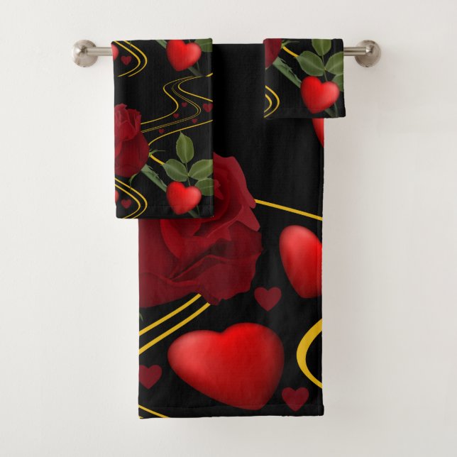 Romantic Red Rose Hearts & Gold Ribbon Bath Towel Set (Insitu)