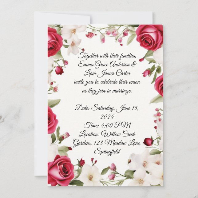 Romantic Red Rose & Lily of the Valley Wedding  Invitation (Front)