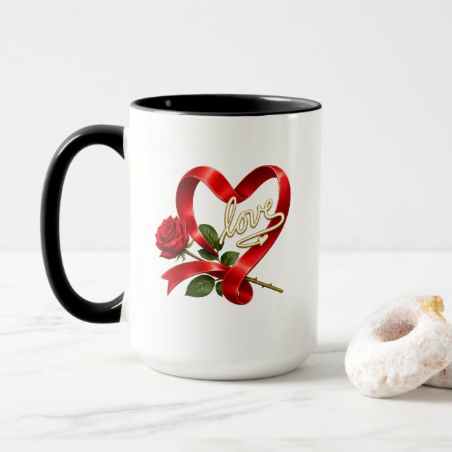 Romantic Red Rose Love Heart Mug (With Donut)
