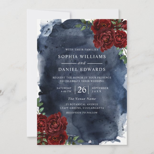 Romantic Red Rose & Navy Watercolor Wedding Invitation (Front)