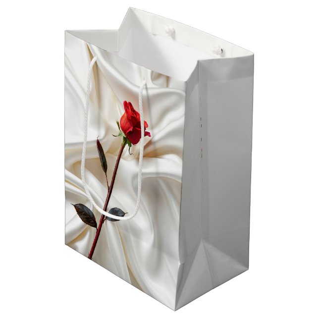 Romantic Red Rose On White Satin Sheet Medium Gift Bag (Front Angled)