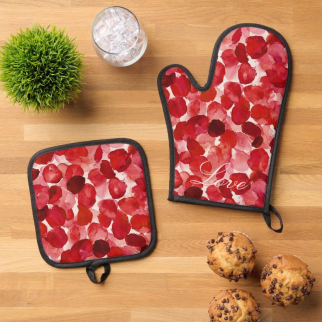 Romantic Red Rose Petals Floral Love Oven Mitt & Pot Holder Set (Top Down)
