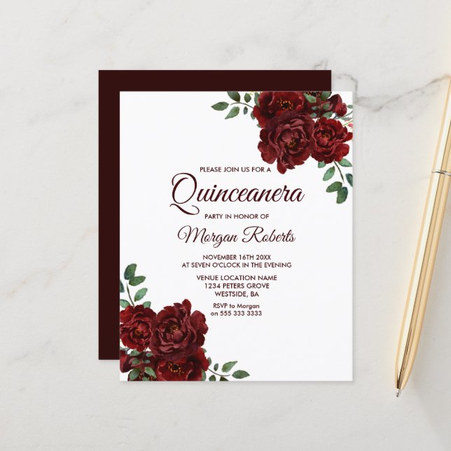 Romantic Red Rose Quinceanera Budget Invitation (Front/Back In Situ)