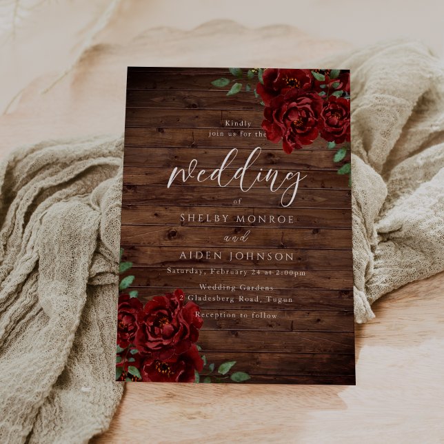Romantic Red Rose Rustic Wood Wedding  Invitation