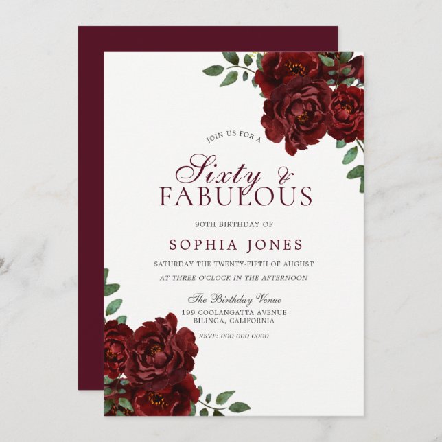 Romantic Red Rose Sixty & Fabulous 60th Birthday Invitation (Front/Back)