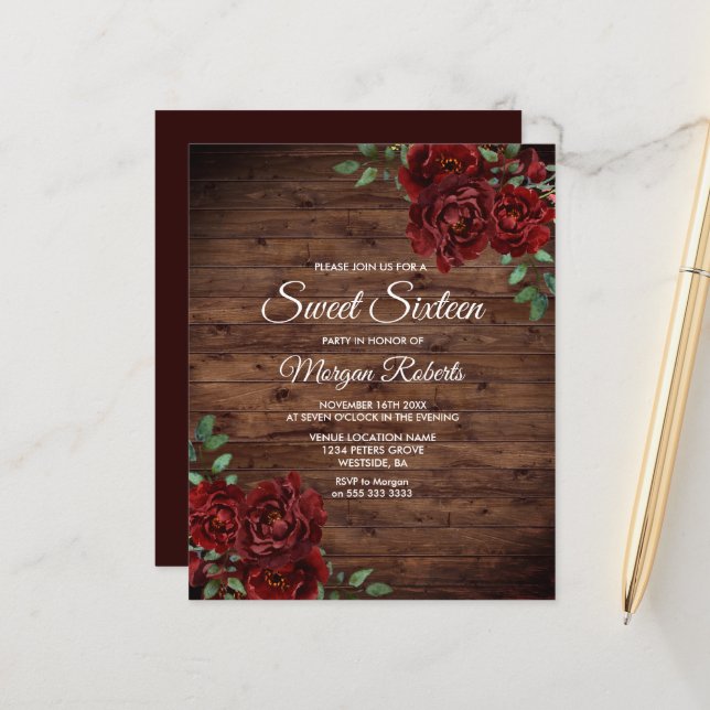 Romantic Red Rose Sweet 16 Party Budget Invite (Front/Back In Situ)
