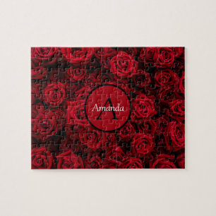 Romantic red rose Valentine personalised monogram Jigsaw Puzzle