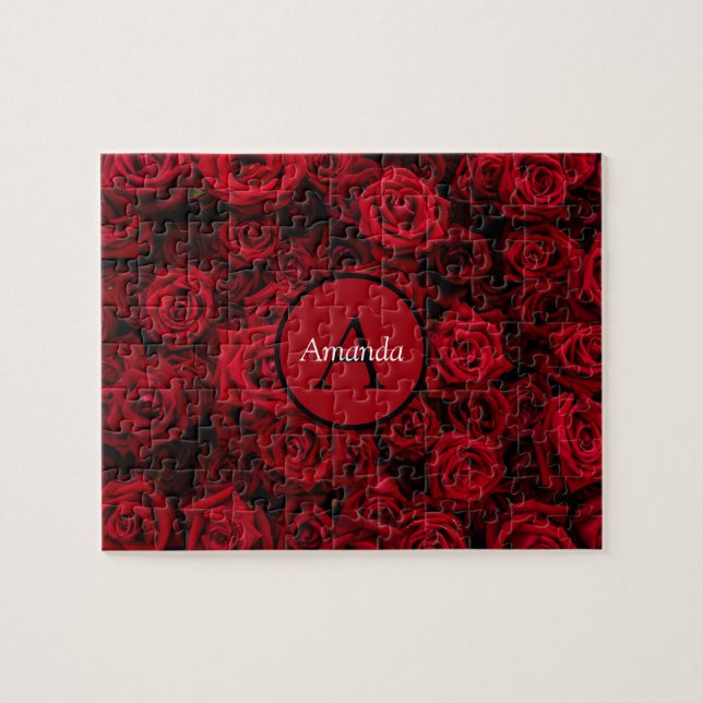 Romantic red rose Valentine personalised monogram Jigsaw Puzzle (Horizontal)