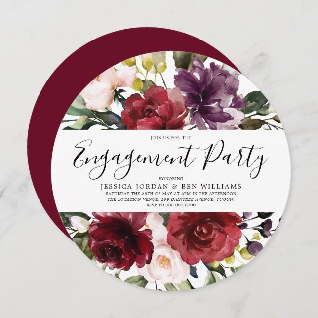 Romantic Red Rose Watercolor Engagement Party Invitation (Front/Back)