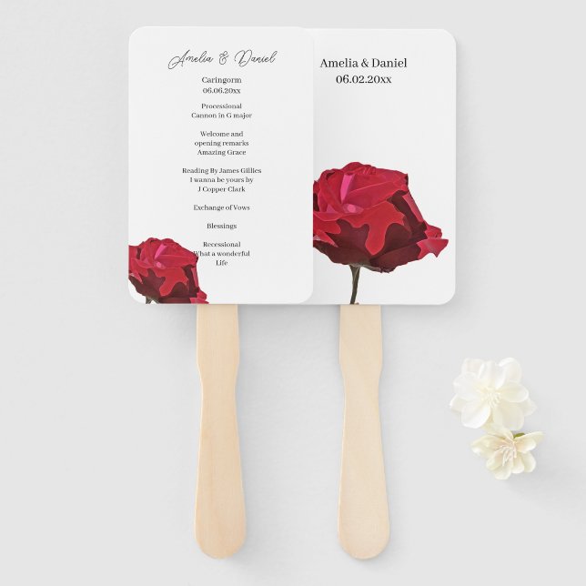 Romantic Red Rose Wedding Ceremony Program Hand Fan (Front and Back)