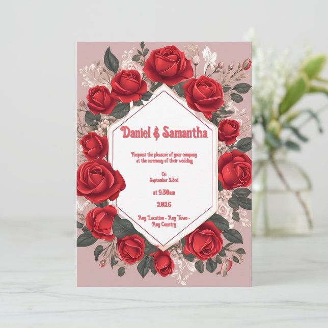 Romantic Red Rose Wedding Invitations (Standing Front)