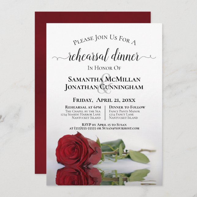 Romantic Red Rose Wedding Rehearsal & Dinner Invitation (Front/Back)