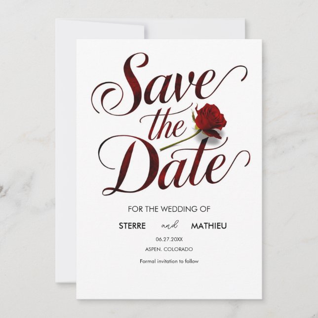 Romantic Red Rose Wedding  Save The Date (Front)