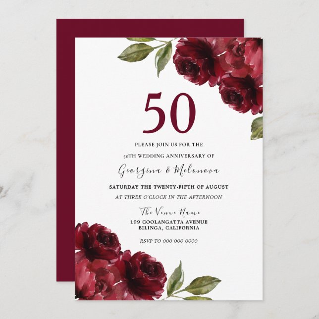 Romantic Red Roses 50th Wedding Anniversary Invitation (Front/Back)