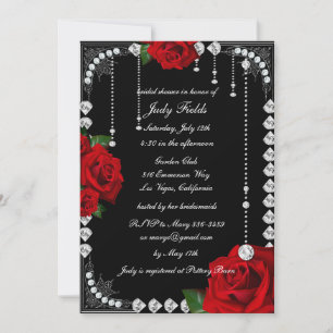 Romantic Red Roses And Diamonds Bridal Shower Invitation