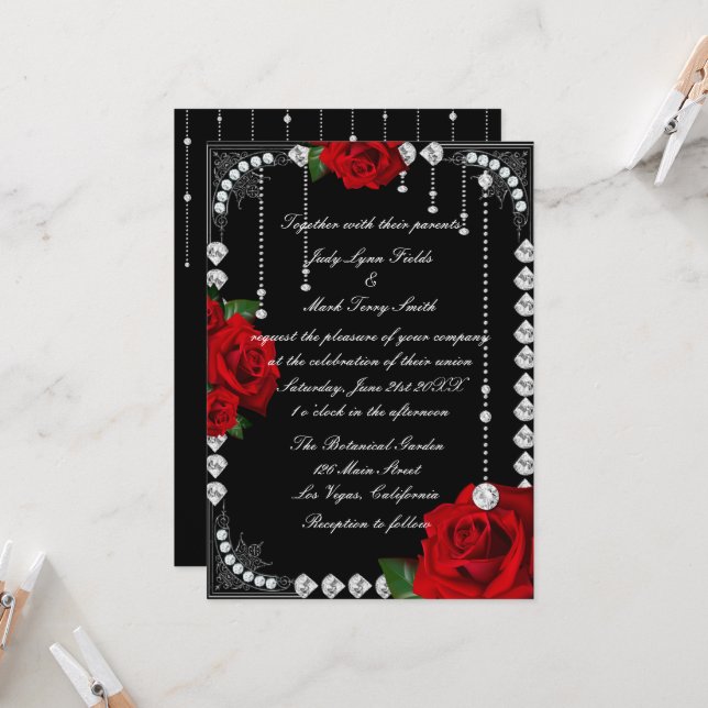 Romantic Red Roses And Diamonds Invitation (Front/Back In Situ)