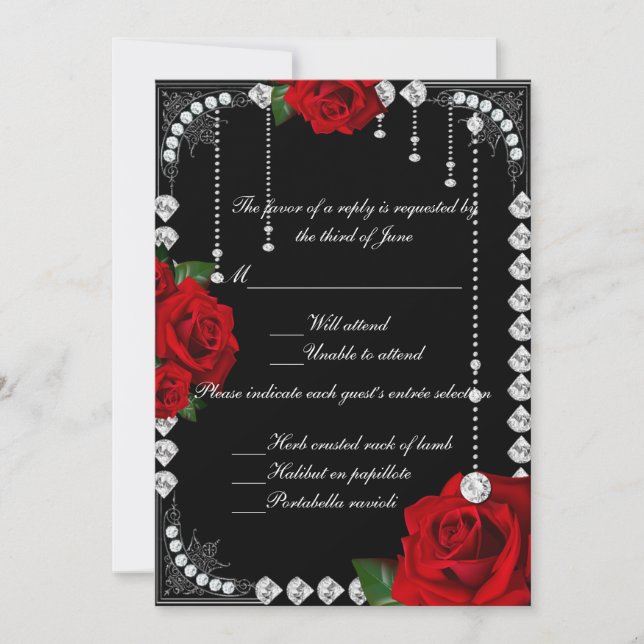 Romantic Red Roses And Diamonds Response Card (Front)
