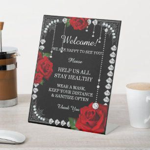 Romantic Red Roses And Diamonds Safety Measures Pedestal Sign
